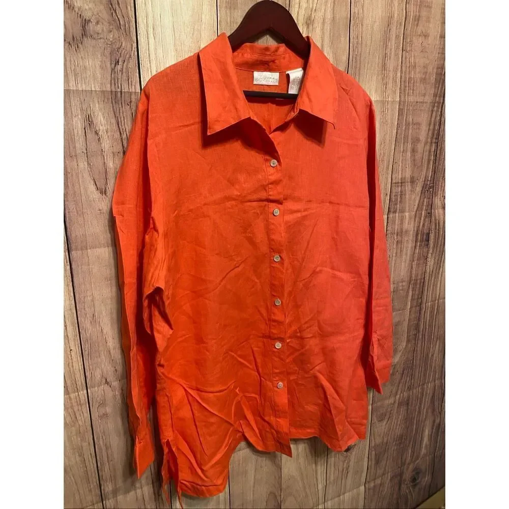 Lucy Pereda 22W 100% Linen blouse button up women’s plus size orange shirt top